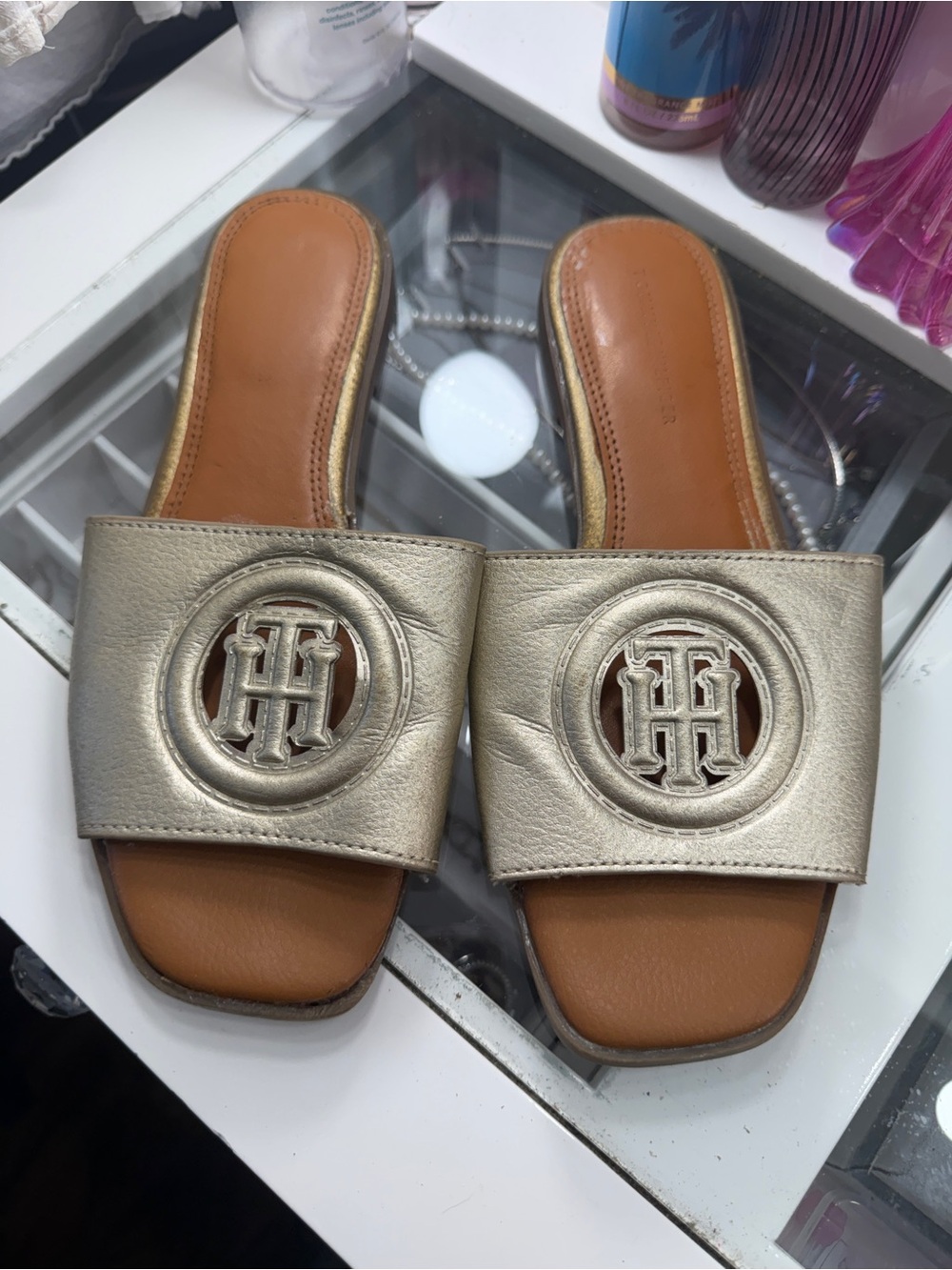 Tommy Hilfiger Metallic Champagne Slide Sandals with Logo Medallion